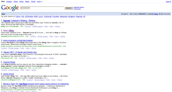 Google 2nd Rank for query=sairam blog